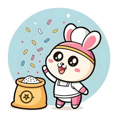 Cute Chibi Bag of Flour Throwing Confetti Puffs Illustration – Adorable Kawaii Cartoon Baking Ingredient Character with Happy Face, Playful Kitchen Art for Kids, Stickers, and Whimsical Prints