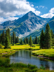 Breathtaking mountain landscape with lush forest and tranquil river scene