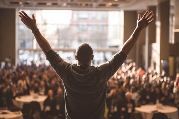 young man raising hands at the stage of seminar
