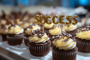 cupcakes with chocolate frosting and success word