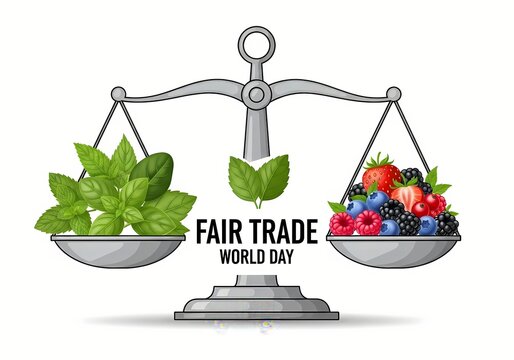 Fair trade world day concept with balanced scale of fresh mint and berries for ethical trade awareness design - Powered by Adobe