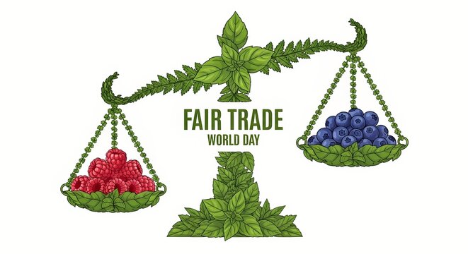 Fair trade world day celebration with balanced scales of raspberries and blueberries featuring leafy design for awareness and promotion - Powered by Adobe