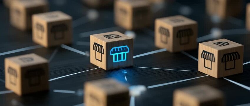 Wooden block store icon network connection glowing symbol representing business concept digital network retail commerce communication technology modern franchise idea