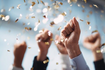 group of people raising hands with confetti in the air