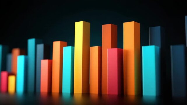 Colorful bar chart with vertical columns in various heights and shades representing data visualization and business analytics on dark background with reflective surface for dynamic graph analysis