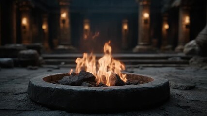 Ancient stone fire pit with burning flames in dark historic temple interior creating warm glowing flame light and mysterious atmosphere surrounded by rocky floor and dimly lit pillars at night - Powered by Adobe
