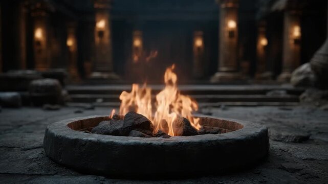 Ancient stone fire pit with burning flames in dark historic temple interior creating warm glowing flame light and mysterious atmosphere surrounded by rocky floor and dimly lit pillars at night