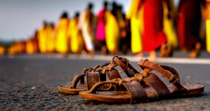 Abandoned sandals left in road as procession continues, lonely moment