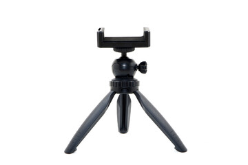 Mobile tripod stand isolated on white background closeup view, Small tripod stand closeup view 