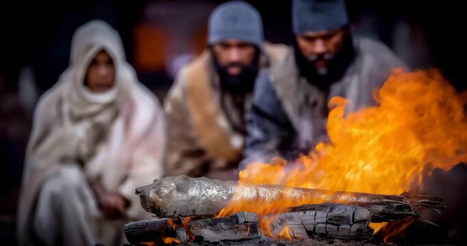 Soldiers casting lots by fire under torchlight, somber practical scene