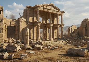 Ancient ruins of a classical structure with scattered stones and desert landscape