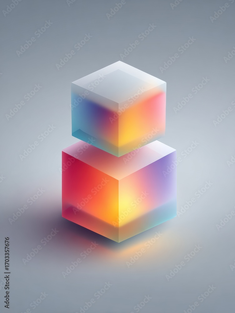 Poster colorful translucent cubes stack with soft glowing light on a smooth surface in an abstract setting