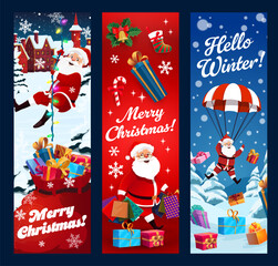 Christmas banners with cheerful Santa characters for winter holidays, cartoon vector. Merry Christmas banners with Santa carrying gifts on parachute or on Christmas lights for New Year greetings