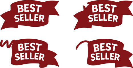 Red best seller ribbon with golden stars transparent background vector with on white background