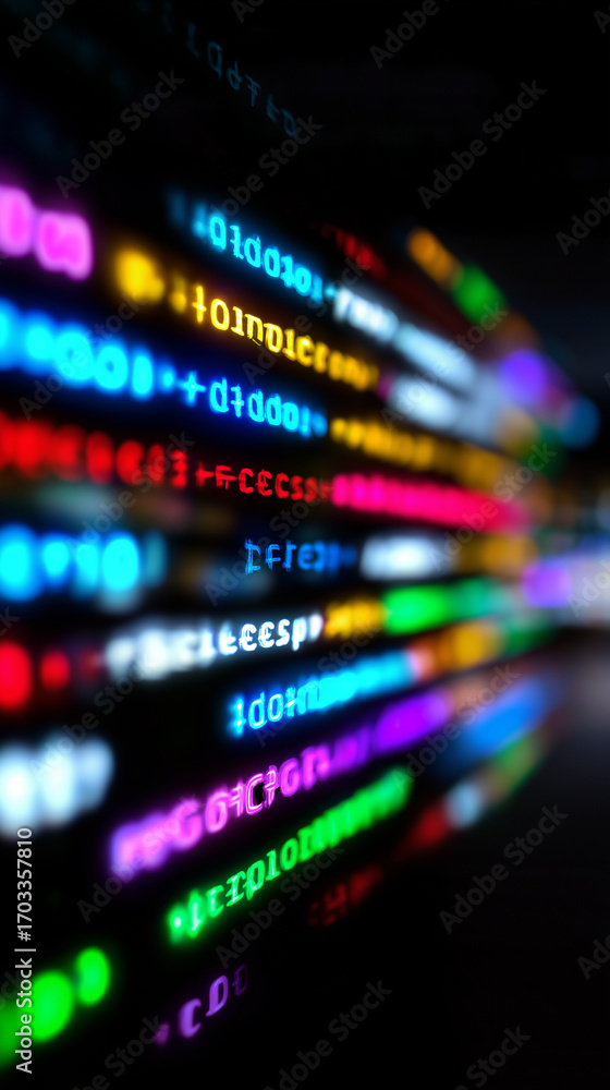 Poster abstract colorful digital code lines on dark background.