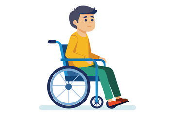 Young patient in a wheelchair smiles slightly while sitting on a white background