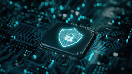 Glowing shield icon on circuit board with padlock, binary lights and blue-green security background