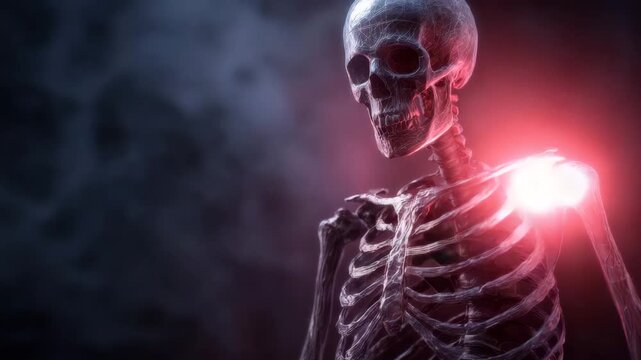 Glowing human skeleton illuminated by red light in dark eerie atmosphere featuring skull, ribcage, and detailed anatomy with mysterious glowing effects highlighting bone structure and pain areas
