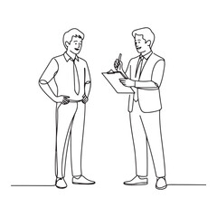 One single line Art drawing of young happy male worker standing while write business lesson from mentor on paper at clipboard. with white background