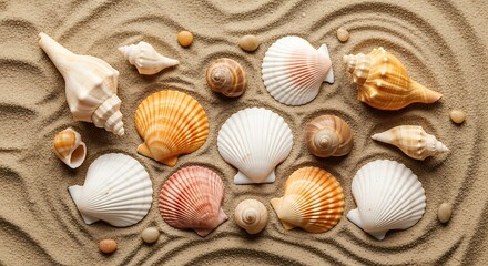 Sandy beach adornment featuring assorted seashells and gentle patterns