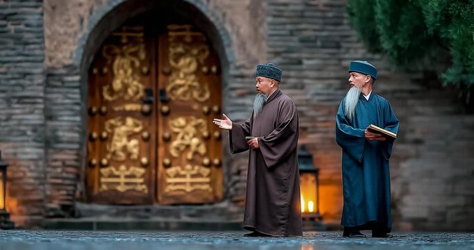 Man bargaining with official at courtyard gate under torchlight