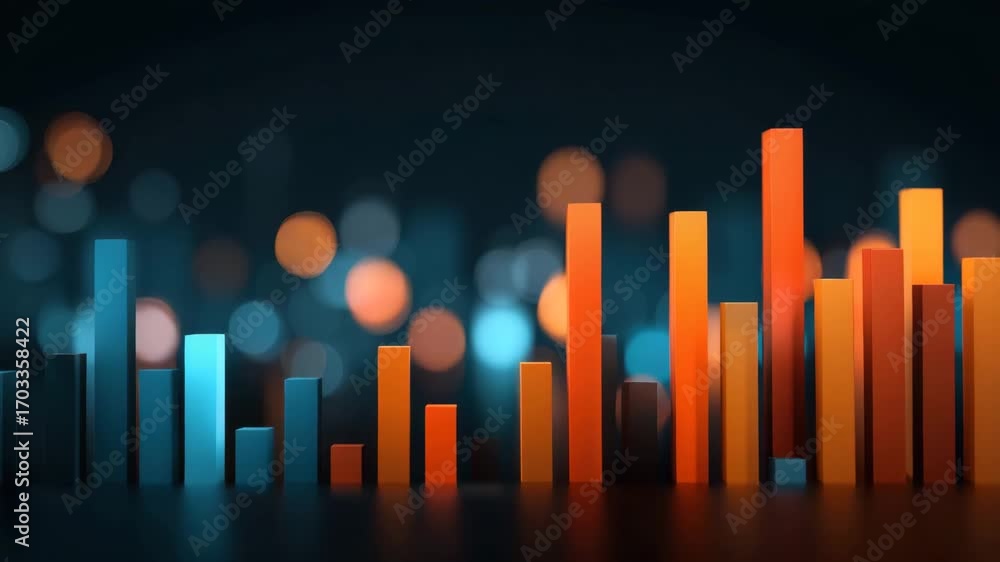 Wall mural abstract digital bar chart data visualization with glowing orange and blue vertical bars, vibrant co