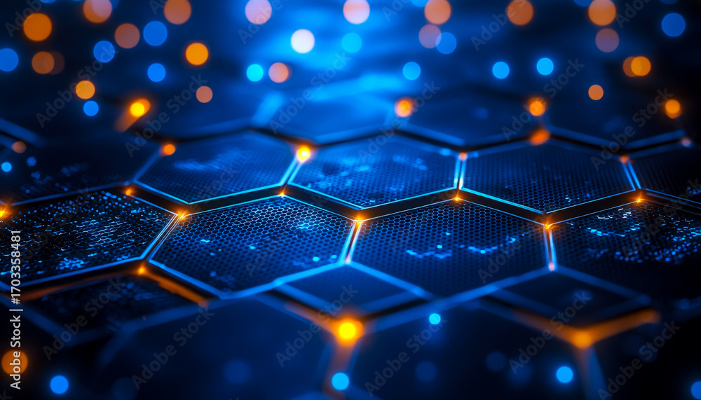 Aufkleber futuristic glowing hexagonal technology grid with illuminated nodes and digital connections