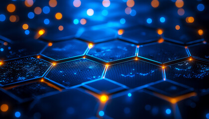 Futuristic glowing hexagonal technology grid with illuminated nodes and digital connections
