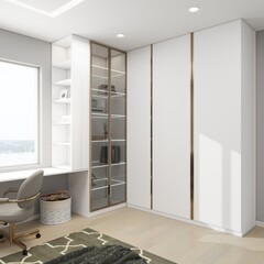 Modern minimalist home office with white cabinets, glass display shelves, built-in desk, and cozy chair. Bright, stylish, and functional interior design