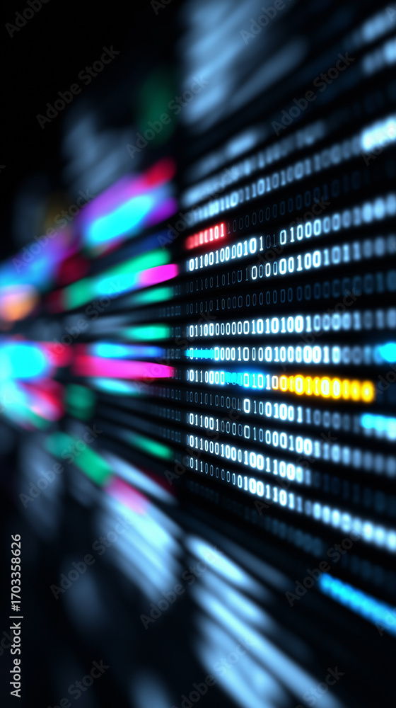 Poster abstract colorful digital code lines on dark background.