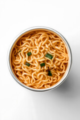 Overhead shot of noodles in a cup, a quick and easy meal option. Delicious and convenient snack or lunch on the go, featuring green onions.