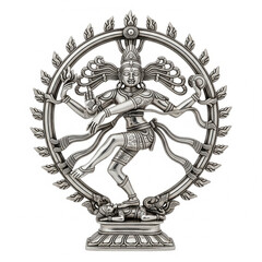 Minimal polished silver Lord Nataraj idol with flame halo isolated on white
