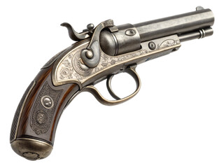 Intricate Firearm: An exquisitely detailed close-up of a meticulously crafted firearm, showcasing its ornate engravings and classic design, a testament to the art of gunmaking.