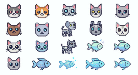 Pixel art animal icon collection charming cats, robotic dogs, and stylized fish. Perfect digital assets for retro games and creative graphic design