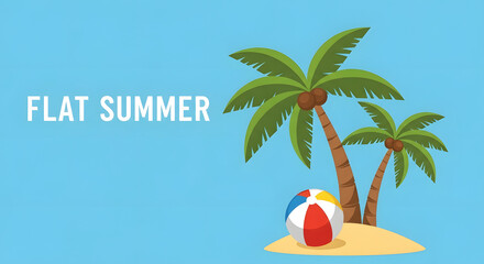 Fototapeta premium Flat summer with palm trees and a beach ball on a sandy island, representing vacation and leisure