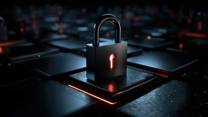 Glowing padlock on futuristic digital circuit board symbolizes cybersecurity encryption and data protection technology ensuring safety and security with illuminated keyhole on dark platform - Powered by Adobe