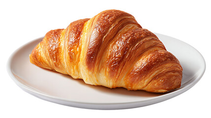 Golden croissant on a white plate isolated on transparent background