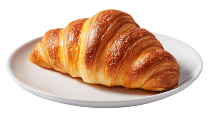 Golden croissant on a white plate isolated on transparent background
