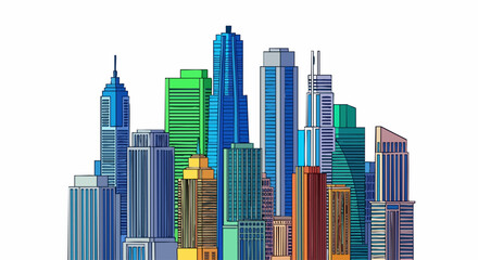 Obraz premium Stylized illustration of a dense urban cityscape with colorful skyscrapers.