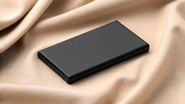 Sleek Matte Black Rectangular Eyeshadow Palette Mockup Closed and Resting on Soft Neutral Beige Fabric for Luxury Makeup Packaging, Beauty Branding, and Modern Cosmetic Presentation