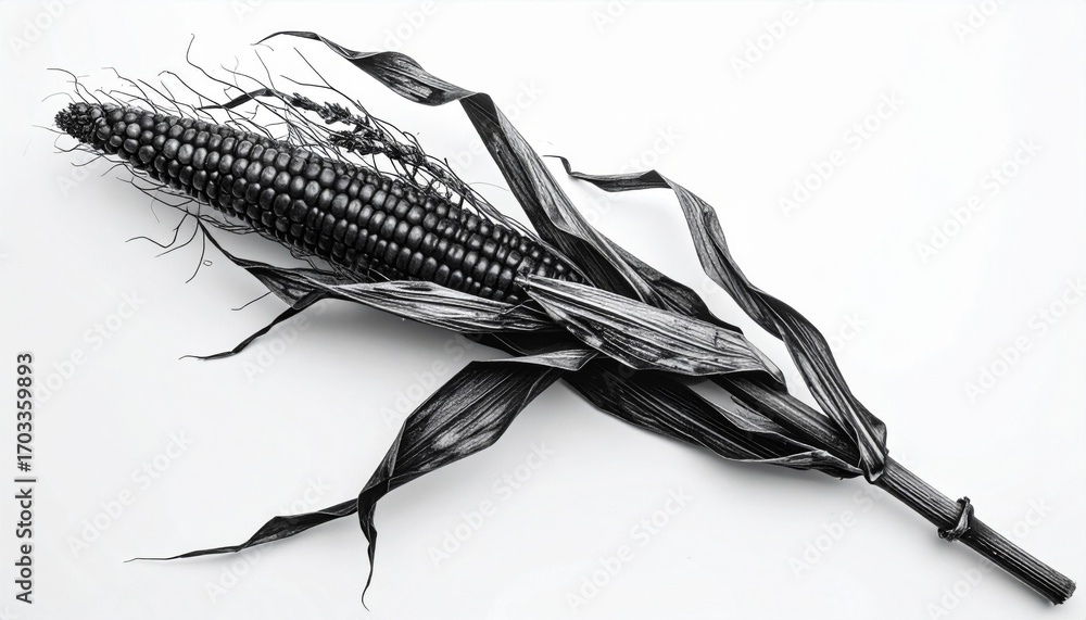 Poster detailed monochrome image of corn on the cob with leaves and kernels against white background