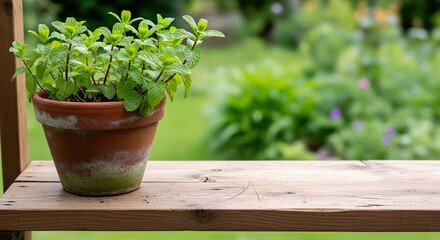 Potted Mint Plant on Rustic Wooden Shelf