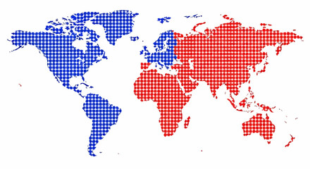 Fototapeta premium Dotted World Map with Red and Blue Color Coded Hemispheres.