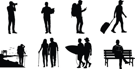 Traveler silhouettes exploring, hiking, surfing, taking photos, reading on bench, walking with luggage, using maps, adventure travel lifestyle, outdoor journey.