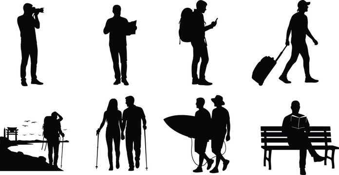 Traveler silhouettes exploring, hiking, surfing, taking photos, reading on bench, walking with luggage, using maps, adventure travel lifestyle, outdoor journey.