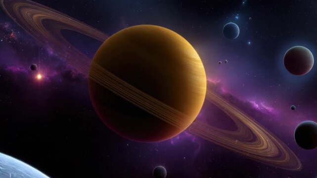 Ringed planet with multiple moons and distant stars in cosmic space, glowing nebula and galaxy hues illuminate universe, celestial orbit and astronomy exploration in dark nebula environment - Powered by Adobe