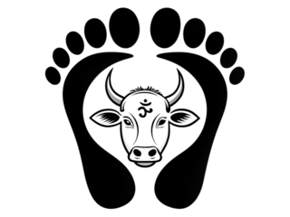 Sacred Footsteps and the Holy Cow: An illustration of footprints embracing a serene cow, a visual expression of devotion and spirituality.