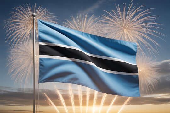 Celebrate Botswana's Independence Day with a vibrant flag waving proudly amidst a spectacular fireworks display at sunset, evoking national pride and joyous festivity.