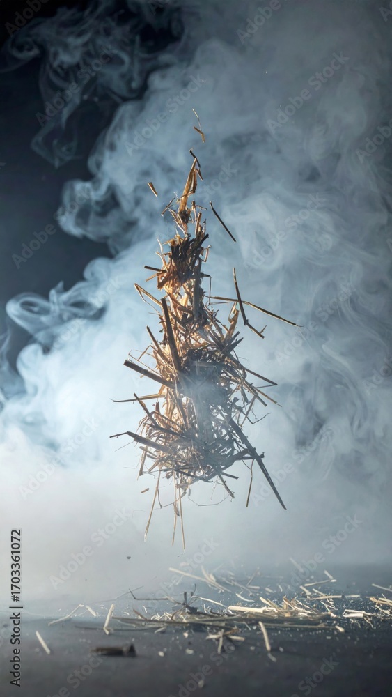 Poster Exploding Metallic Shards and Dense Smoke Against Dark Background Creating an Abstract Artful Effect