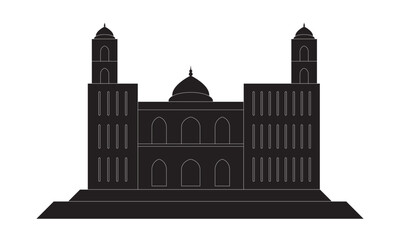 A mosque silhouette for Muslims, featuring a dome and two minarets, with the crescent moon and star symbol for Islamic celebrations, particularly Eid al-Fitr and Eid al-Adha. 